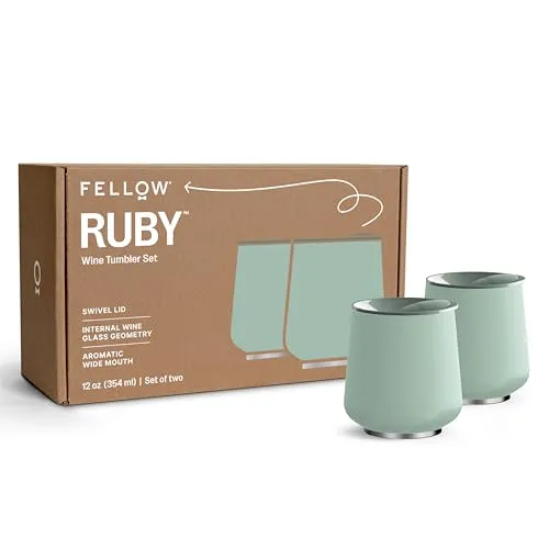 Fellow Ruby Weinglas 2er-Set – Isolierte Wein- und Cocktailgläser aus Edelstahl mit Keramik-Innenseite und drehbarem Kieseldeckel – 340 ml, Minzspäne