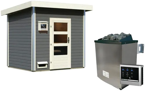 Karibu Saunahaus Ralf, BxTxH: 231 x 196 x 238 cm, 38 mm, (Set) moderne Tür, Ofen 9 kW mit externer Steuerung