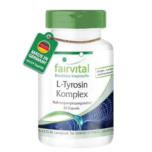 Fairvital | L-Tyrosin Komplex - 60 Kapseln - 13 Vitalstoffe pro Kapsel - mit Curcumin, Taurin, B-Vitaminen und Mineralstoffen - Made in Germany