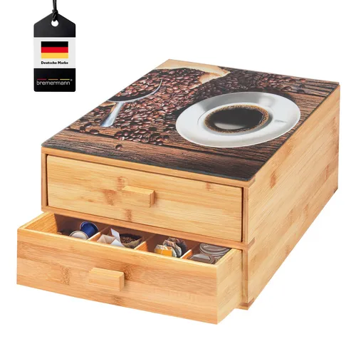 bremermann Kaffeekapsel-Box aus Bambus mit Glasplatte - Teebeutelablage für Kaffeekapseln und Teebeutel, mit 16 Fächern zur übersichtlichen Aufbewahrung, dekorative Glasplatte mit Kaffeemotiv, aus nachhaltigem Bambus gefertigt.