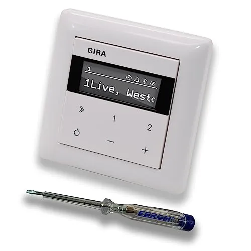 Gira Unterputz IP Internetradio 232003 + Bluetooth - System 55 - reinweiß glänzend mit 1fach Rahmen Gira 021103 inkl. EBROM Phasenprüfer zur Montage des Geräts
