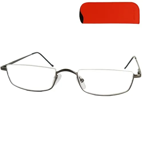 Mini Brille Metall Halbrand oben Lesebrille Halbbrille Rechteckig, Gratis Etui und Brillenputztuch, Edelstahl Rahmen (Graphit) mit Federscharnier, Lesehilfe Damen und Herren +1.5 Dioptrien