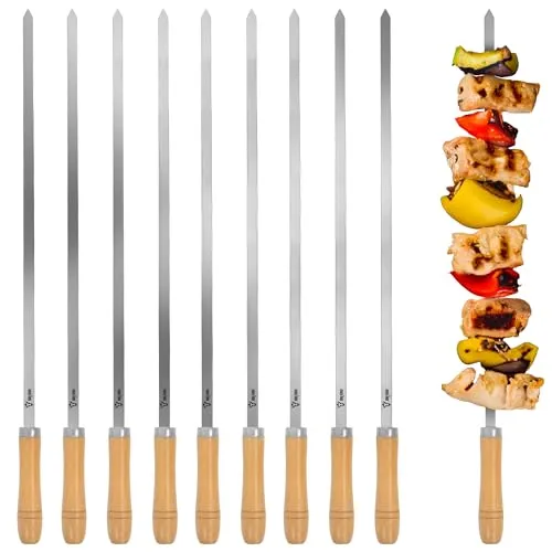 BBQ-Toro Edelstahl Grillspieße mit Holzgriff (10 Stück) | 54 cm | Schaschlikspieße, Grillspieß Set, Grill Skewers | Mangal Schaschlik, Drehspieß, Rotisserie | Grillzubehör, Fleischspieße