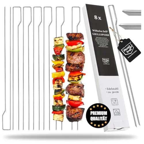 Wilhelm Sell® 8X Grillspieße mit Griff - Schaschlikspiesse 30 cm mit Doppelzinken zum Fixieren von Fleisch, Fisch, Gemüse - BBQ Doppelspieß aus rostfreiem Edelstahl 430