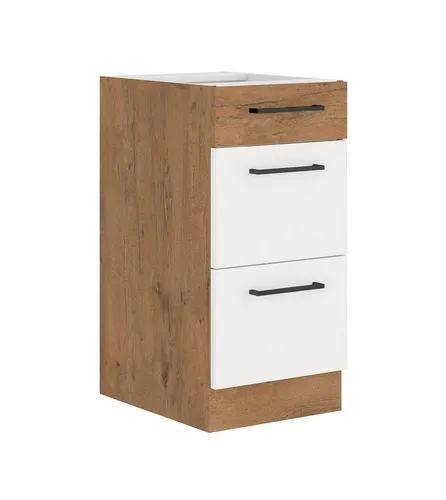 Küchen-Preisbombe Unterschrank 40 cm Vigo Hochglanz Weiß Eiche Lancelot - Unterschrank 40 cm für die Küchenzeile VIGO, mit einem Schubkasten und zwei Auszügen, sorgt für praktischen Stauraum und leises Schließen dank Dämpfungsbeschlägen.
