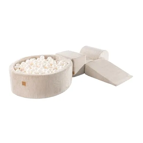 MEOWBABY Spielplatz aus Schaumstoff mit Bällebad 240x45cm - Schaumspielset mit 200 Bälle für Kinder, Velvet, Ecru: Golden/Beige/Weiß/Transparent