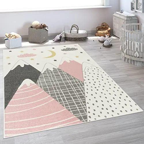 Paco Home Kinderteppich Modern Berge Sterne Wolken Pink - Teppich für Baby- & Kleinkinderzimmer, maschinell gewebt aus 100% Polypropylen, ideal für Fußbodenheizung und sorgt für eine gemütliche Atmosphäre im Kinderzimmer.
