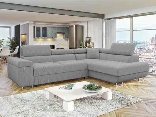 MIRJAN24 Ecksofa Torezio Cord mit Bettkasten und Schlaffunktion - Gemütliches Ecksofa in Grau mit verstellbaren Kopfstützen und praktischer Bettfunktion. Ideal für kleine Räume und Gästeübernachtungen.