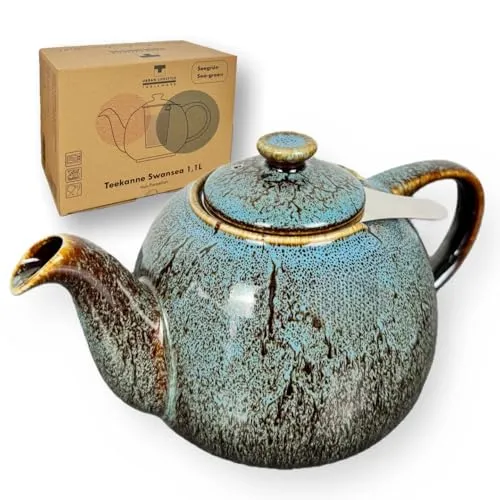 Teekanne mit Siebeinsatz Swansea Seegrün 1,1 L mit Filter, aus Porzellan von URBAN LIFESTYLE, Tee Kanne die tropffrei ist. Teapot mit Siebeinsatz Porzellan
