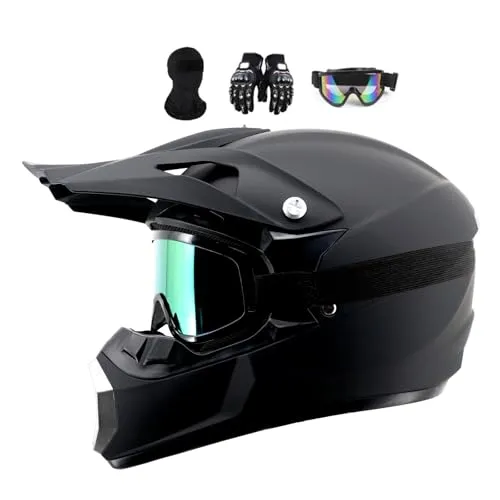 Motocrosshelm Schwarz für Jugendliche - Offroad & Downhill - Sonstige Kategorie: Aerodynamischer Helm mit ABS-Außenschale und EPS-Innenschale für optimalen Schutz. Inklusive Brille und Handschuhen – ideal für Motocross und Offroad-Abenteuer!