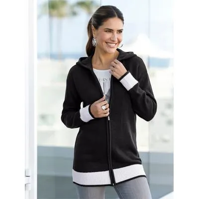 Longstrickjacke CLASSIC BASICS, Damen, Gr. 44, schwarz, weiß, 100% Polyacryl, gemustert, mehrfarbig, Strickjacken Longstrickjacke