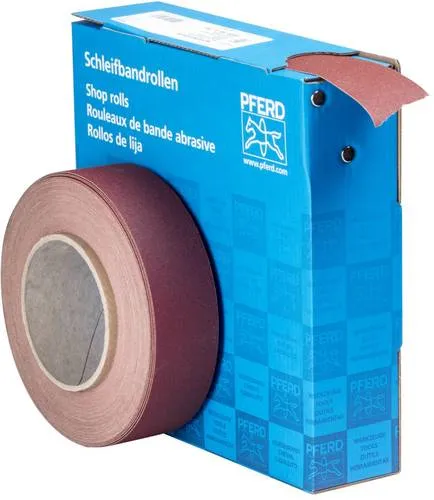 Korund Schleifbandrolle 38 mm x 25 m A180 - Zubehör für Elektrowerkzeug, ideal für hohe Beanspruchung bei der Bearbeitung von Stählen und NE-Metallen, mit praktischer Abreißkante für einfaches Abtrennen.