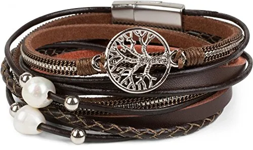 styleBREAKER Wickelarmband mit Perlen, Ketten, Flechtelement und Lebensbaum Anhänger, Magnetverschluss, Armband, Damen 05040070, Farbe:Dunkelbraun