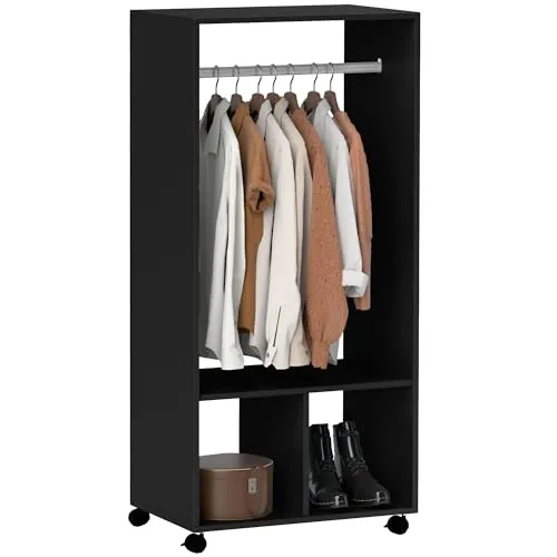 HOMCOM Mobiler Kleiderschrank Garderobe Schrank mit Regal 4 Schwenkräder für Wohnzimmer Schlafzimmer, Aluminiumlegierungen, 60 x 40 x 128 cm, Schwarz