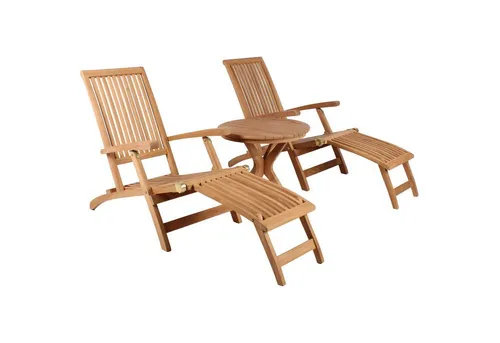 MR.DEKO Gartenliege Set Teak Deckchair Yacht & Tisch Burton - Liegen - Hochwertiges Gartenmöbelset mit 2 verstellbaren Teak Deckchairs und klappbarem Tisch für entspannte Stunden im Freien. Witterungsbeständig und stilvoll, ideal für Terrasse oder Balkon.