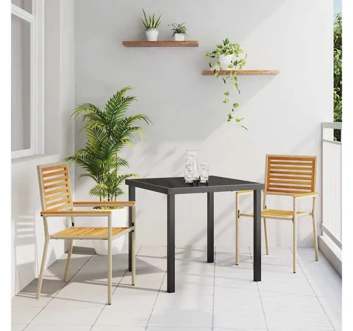 furnicato Garten-Essgruppe Moderne Garten-Stapelstühle 54x56x90 cm Braun und Beige - Stilvolle Garten-Stapelstühle für jeden Außenbereich. Robustes Stahlgestell und edle Holzarmlehnen bieten Komfort und Langlebigkeit. Platzsparend stapelbar und wetterfest – ideal für Gartenpartys oder entspannte Momente im Freien.