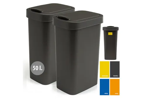 Hausfelder Mülleimer Abfalleimer 50l groß mit Deckel, 2er Set Schwingdeckel, 2x50 l, Made in Germany, mit Klapp- und Schwingdeckel, robuste Konstruktion