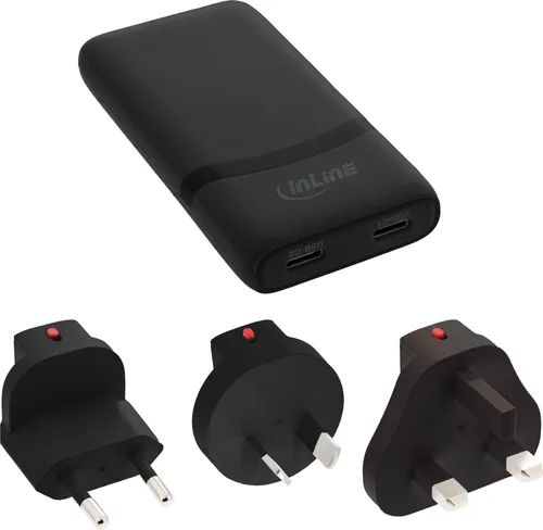InLine USB Netzteil Ladegerät 65W, Dual USB-C, flach, schwarz - Handy Ladegeräte mit 65W Power Delivery für schnelles Laden von Smartphones, Tablets und Notebooks. Flache Bauform ideal für beengte Steckdosen – perfekt für Reisen und Büroeinsatz.