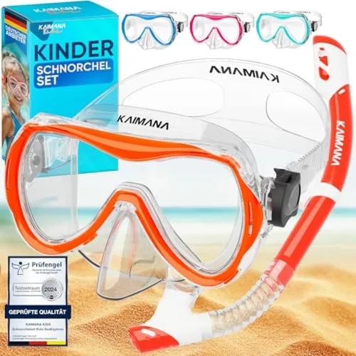 KAIMANA Tauchermaske SeaExplorer Schnorchelset Kinder - Schnorchelset für Kinder ab 4 Jahren, mit bruchsicherem Sicherheitsglas und komfortablem Stoffband für optimalen Sitz – perfekt für jedes Wasserabenteuer!