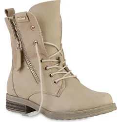 VAN HILL Damen Leicht Gefüttert Schnürstiefeletten Stiefelette Zipper Schuh 841451, Farbe: Beige, Größe: 38 - Beige - 38