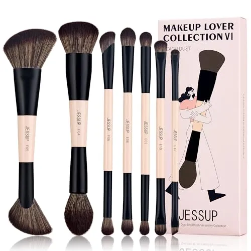 Jessup Pinselset Make Up Pinsel Set 14-in-7 doppelseitig Makeup Pinsel Foundation Concealer Rouge Lidschatten Kontur Bronzer Puder Verblenden Augenbrauen Eyeliner tierversuchsfrei Pfirsichstaub T600