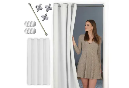 tinycurtains Türvorhang mit Stange silber 55-90 cm ohne Bohren, Thermo Vorhang mit Magneten, Ösen, abdunkelnd, Polyester, blickdicht, weiß Purity, Türgardine mit Klemmstange, verdunkelnd