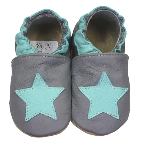 Krabbelschuhe dunkelgrau mit mint Stern 18/19 - Babyschuhe aus weichem Rindsleder, ideal für die ersten Krabbel- und Gehversuche. Rutschfeste Sohle für sicheren Halt und einfaches An- und Ausziehen.