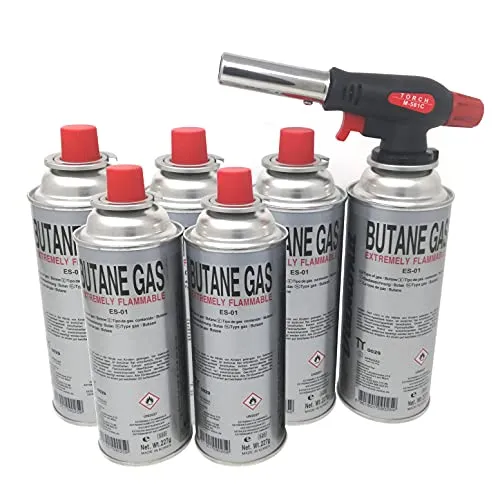 Starlet24® Lötbrenner (+ 6x Gaskartuschen) Gasbrenner Bunsenbrenner Camping Gasanzünder Lötlampe mit Piezozündung, einstellbare Flammengröße für Gaskartuschen mit MSF-1a Anschluss