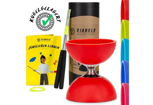 Diabolo Freizeitsport Jonglier-Set Pro – Kugelgelagertes Diabolo in Rot - Jongliersets mit kugelgelagerter Freilaufachse für längeren Schwung und Stabilität. Inklusive Aluminium Handsticks, Ersatzschnur und Jonglageanleitung – perfekt für Einsteiger und Profis!