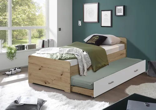 Kojenbett ROM - Artisan Eiche - Stylisches Kojenbett in Artisan Eiche mit weißer Schubladenfront. Inklusive Bettgestell und praktischem Bettauszug für zusätzlichen Stauraum.