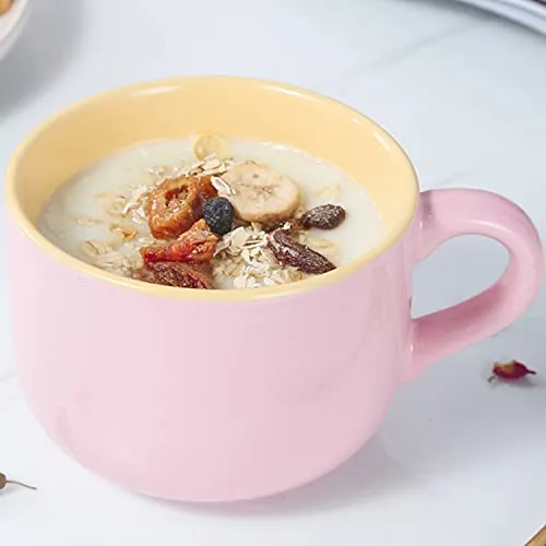 Arawat Rosafarbene Suppenschüsseln, mikrowellengeeignet, mit Griffen, Löffel und Untersetzer, große Suppentasse, XXL-Kaffeetassen, große Keramik-Teetassen, Cappuccino-Tasse, Geschenk