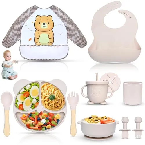 Dazhtu 11 Stücke Silikon Baby Geschirrset, Kindergeschirr Baby-Teller Rutschfest mit Saugnapf, Baby-Teller mit Saugnapf, Schüssel, Lätzchen,Löffel,Gabel,Baby-Trinkbecher, BPA Frei, Beige