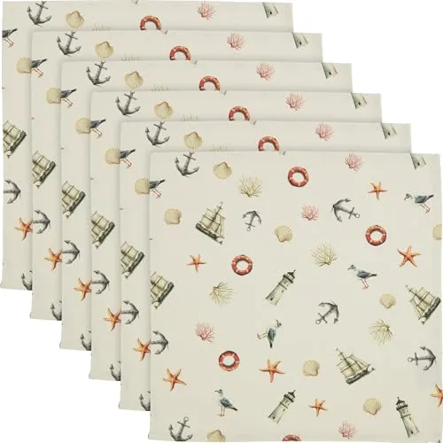 Erwin Müller Serviette 6er-Pack, Tischwäsche maritim, Leuchtturm, Segelboot und Muscheln bunt Größe 40x40 cm - Robustes Canvas-Gewebe, pflegeleicht und strapazierfähig