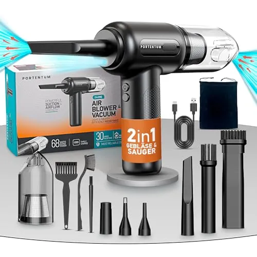 PORTENTUM Air Blower and Vacuum ABV-1 - 2-in-1 Staubsauger und Luftgebläse - Tastatursauger mit 2-in-1-Funktion: Wechsel zwischen Staubsauger und Gebläse für effiziente Reinigung. Inklusive Zubehör für vielseitige Anwendungen und ergonomisches Design für einfachen Einsatz.