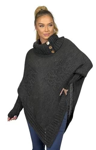 Mississhop Poncho Strick Sweatshirt Pullover Umhang Überwurf 30-01 Graphit - Strick Ponchos & Capes für Damen, bequemer Poncho mit modernem asymmetrischem Schnitt und warmem Rollkragen, ideal für Größen 36-42.