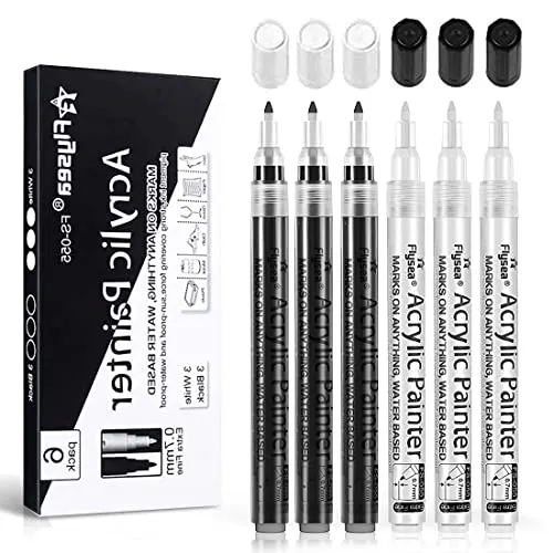 O-Kinee Premium Acrylstifte für Steine, 6 Pack 0.7 mm Wasserfest Acrylstifte Marker Stifte für Steine Holz Metall Leinwand Glas Papier Leder Keramik DIY Zeichnung (3 weiße und 3 schwarze)