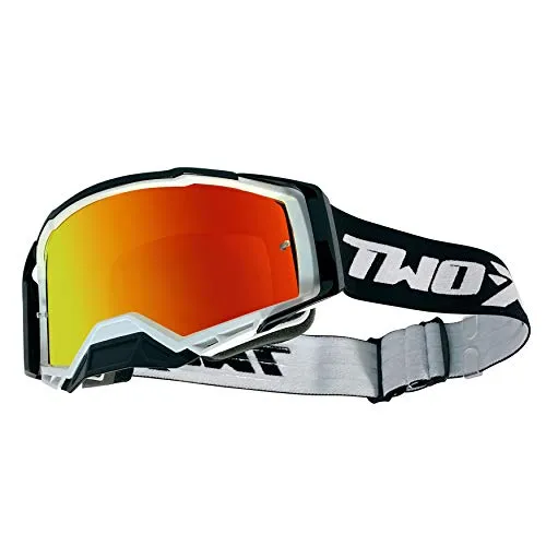 TWO-X Cross-Brille - Motocross-Brille mit verspiegeltem Iridium Glas - Brille - Enduro & Downhill - Schutz-Brille - Atom - Blizzard-Weiß-Schwarz