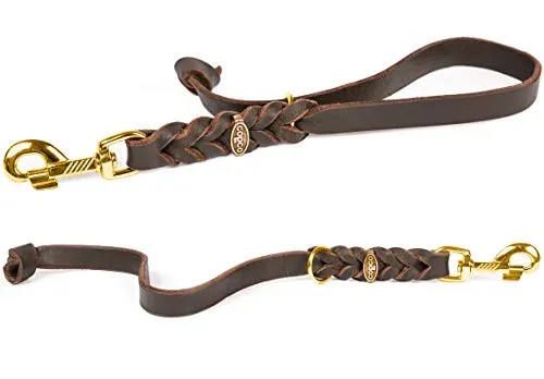 Fettleder Kurzführer, Führleine, Kurzleine (35 cm x 10 mm Messing, Braun)