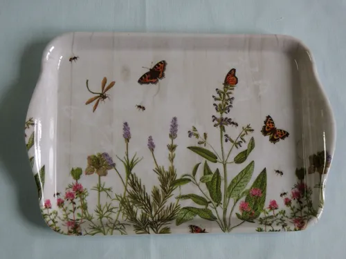 Ambiente 1x Tablett  Kräuter garten  13 x 21 cm Bienen Libelle Schmetterling