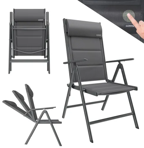 GARMIO Klappstuhl Gartenstuhl FLORENZ - Klappstuhl für Garten und Camping, mit robustem Aluminiumgestell, 7-fach verstellbar und inkl. Nackenkissen für höchsten Komfort.