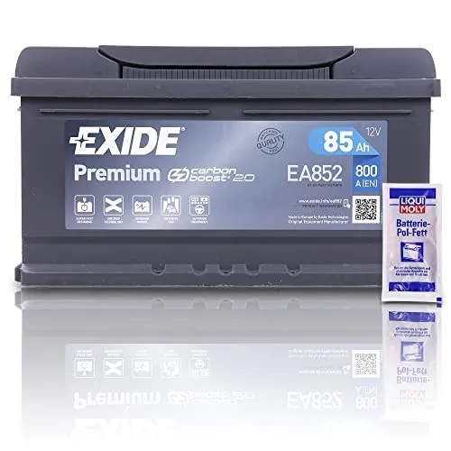 EXIDE EA852 Premium Carbon Boost Autobatterie 12V 85Ah 800A PKW KFZ Starterbatterie Batterie Ersetzt 77Ah 79Ah 80Ah 82Ah 84Ah + 1x Batteriepolfett