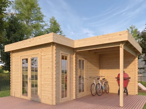 WOODTEX Gartenhaus Livia 28 mm – Robustes Blockbohlenhaus mit Überdachtem Anbau