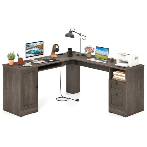 Costway L-förmiger Schreibtisch mit Ladestation – Grau, 168 x 168 x 76 cm - Maximieren Sie Ihre Effizienz mit diesem stilvollen L-förmigen Schreibtisch. Ideal für Multitasker, bietet er Platz für zwei Monitore und eine praktische Ladestation mit USB- und Typ-C-Anschluss.