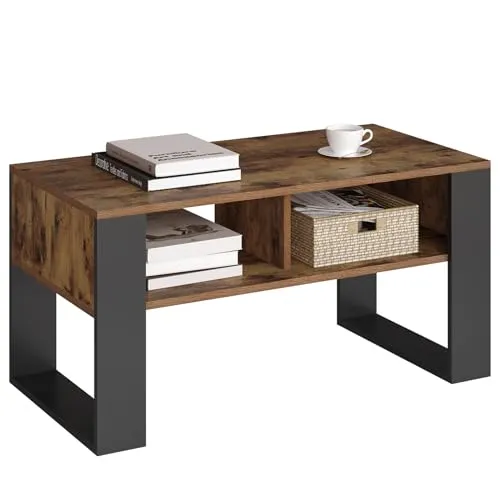 Woltu Wohnzimmertisch, moderner Couchtisch mit 2 offenen Fächern - Tische - Hochwertiger Couchtisch aus robustem Holzwerkstoff mit modernem Design und geräumigen Ablagefächern für Ordnung und Stil im Wohnzimmer.