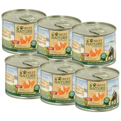 Best Nature Adult, Nassfutter für Katzen, 6X 200g - Geflügel + Leber + Haferflocken - Katzenfutter in Premiumqualität