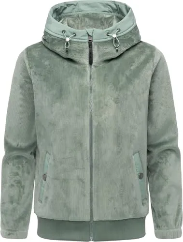 Ragwear Damen warme Übergangsjacke kurze Cord-Jacke aus kuscheligem Rippstrickoptik-Material in Samt-Haptik Plüschjacke mit Fleece-Innenfutter und Kapuze Cousy Short Bonded Dusty Green Gr. XL
