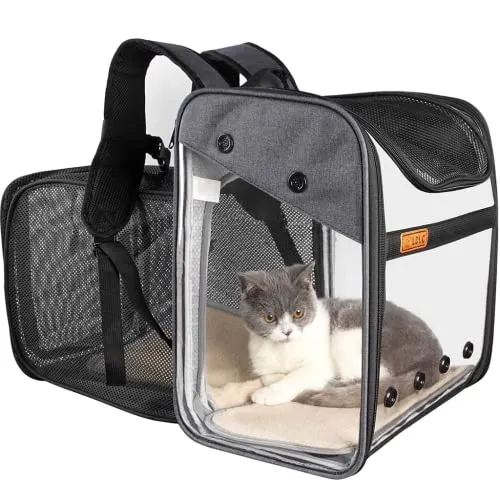 Transporttasche Rucksack Haustiere Hunde Katzen 10kg, Erweiterbare Große Tragbare Katzenrucksack Hunderucksack 4 Eintritt Top Öffnung Transparent Tragetasche Faltbar Airline Genehmigt Reisen
