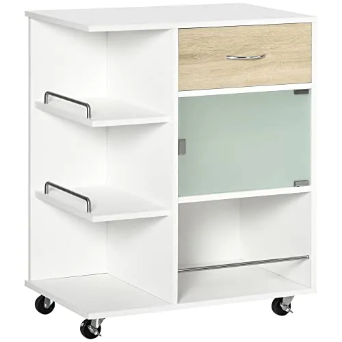 HOMCOM Küchenwagen, Servierwagen, Lenkrollen 360°, Regale mit Gitter, Mittelinsel Küche, mit Schublade, Regalen, Schrank, 65 x 39 x 80 cm, weiß