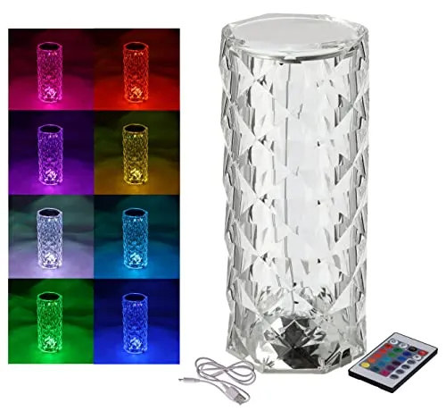 LED Akku Touch Leuchte aus Acryl Kristall mit Fernbedienung - 21 x 9 cm - Tischleuchte im Diamond-Design mit Farbwechsel und Dimm Funktion - Multicolor Nachtlicht Lampe bunt Crystal Diamant Rose
