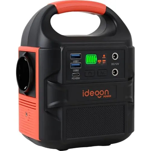 ideoon Kompakte Powerstation 88,8Wh Solargenerator mit 230V Steckdose, 100W, USB-C PD65W, 12V DC, LED-Display & 500lm Leuchte für Camping & Notstrom